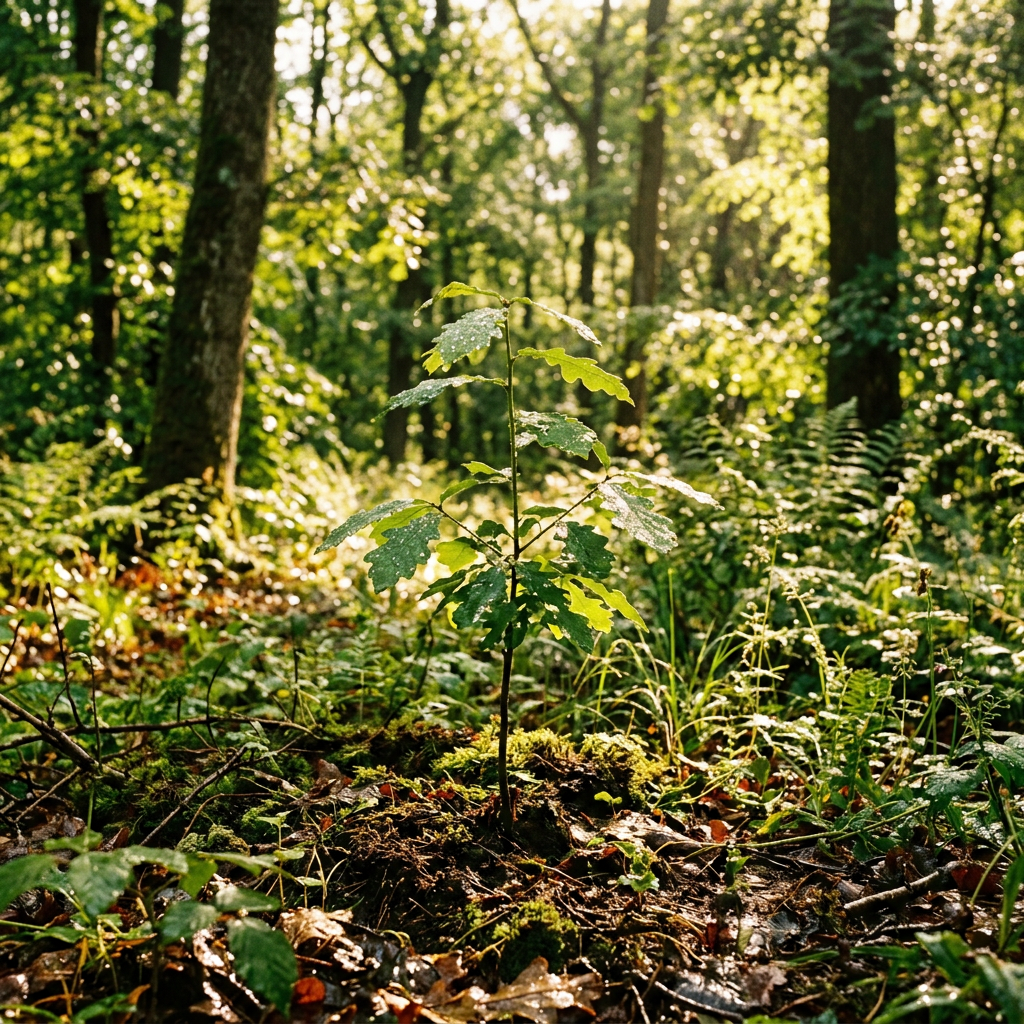 Young oak sapling with dew-covered leaves in a sunlit forest clearing
