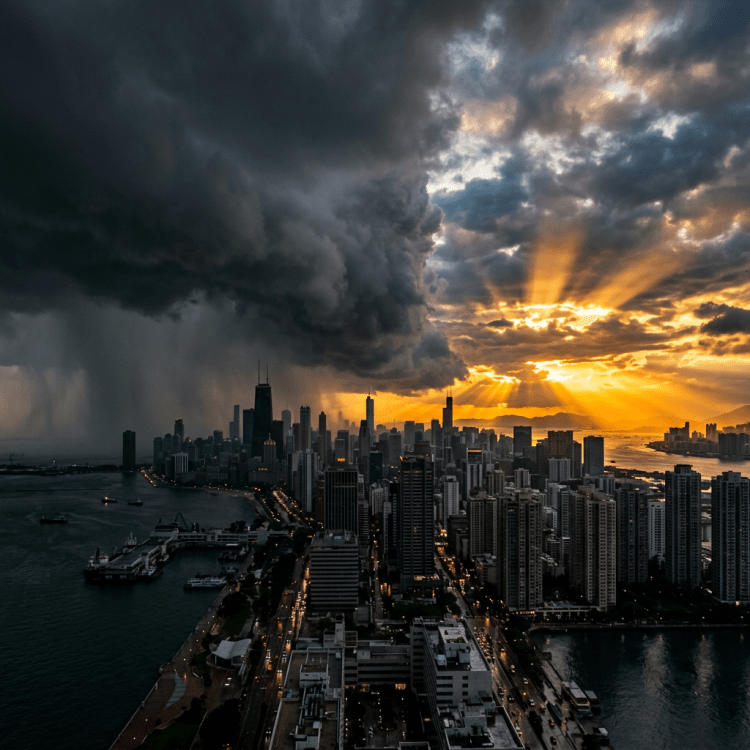 City skyline with setting sun rays and dark storm clouds